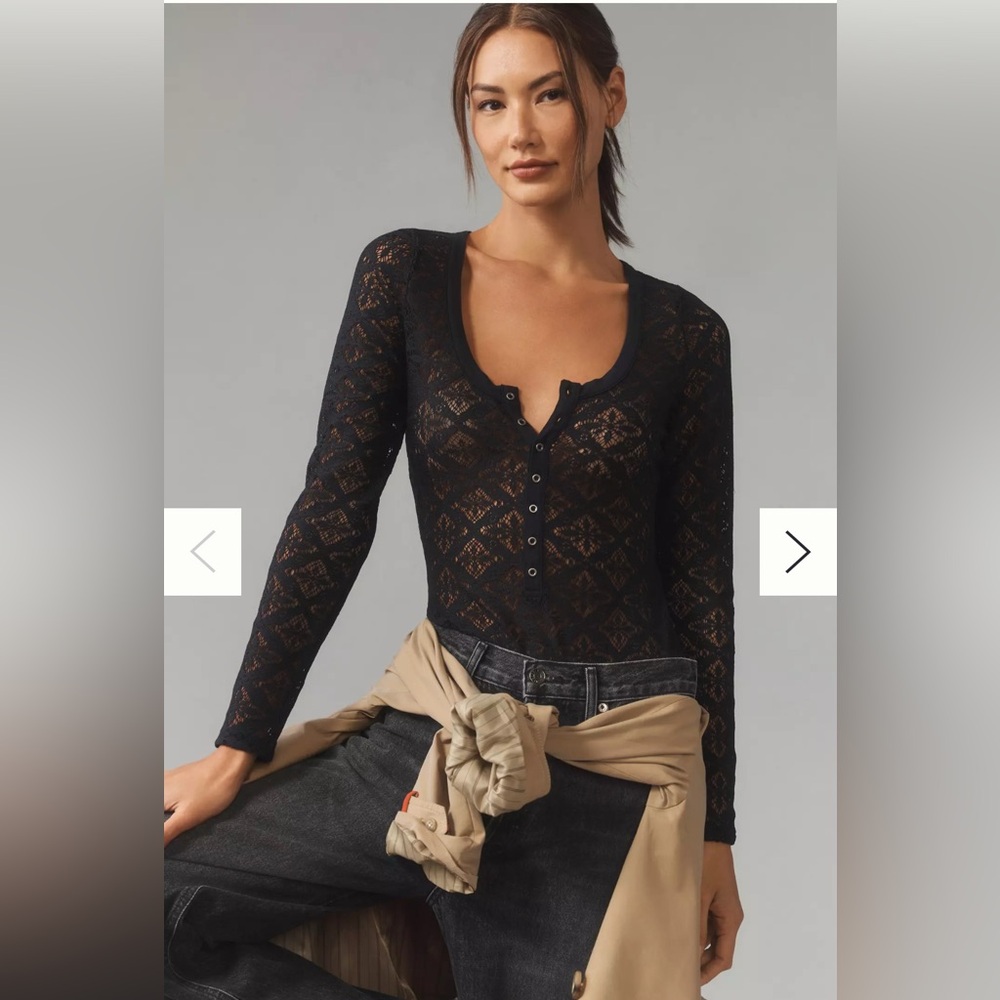 Long-Sleeve Black Lace Henley Top